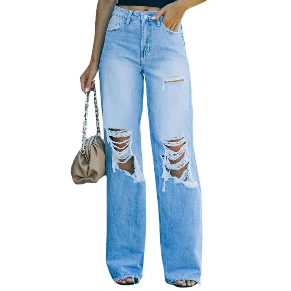 

New Women Denim Jeans Solid Color Ripped High Waist Straight Ripped Jeans Wide Leg Trousers for Summer Daily Wear New