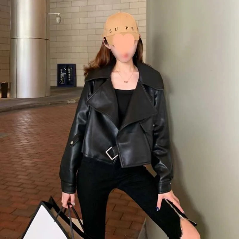 Women Short  Leather Coat Fall 2022 American Retro Loose Leather Cardigan Jacket Cool Girl Hip Pop Leather Jacket  Zippers  Y2K