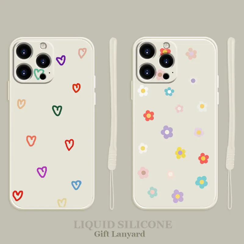 

Liquid Soft Case For Apple iPhone 14 13 Pro 11 12 6 6S 7 8 Plus X XR XS Max Silicon Phone Cover Flowers Heart