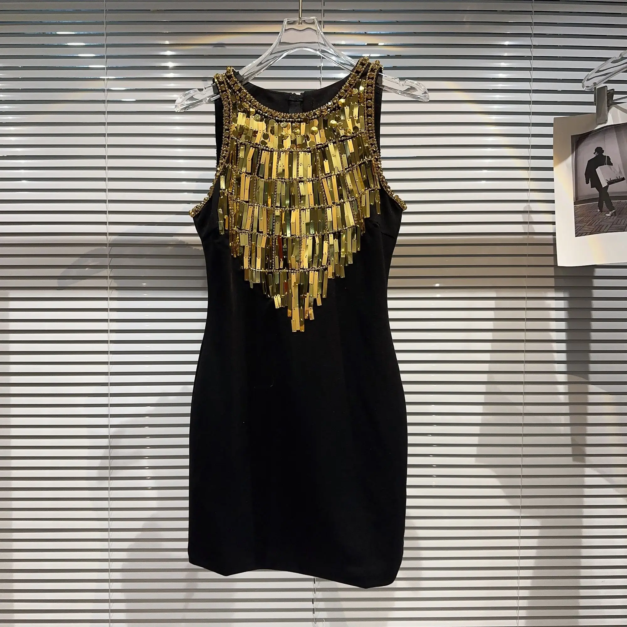 

2023 Summer Waterfall Gold Sequins Handmade Waist Cotton Tank Dress