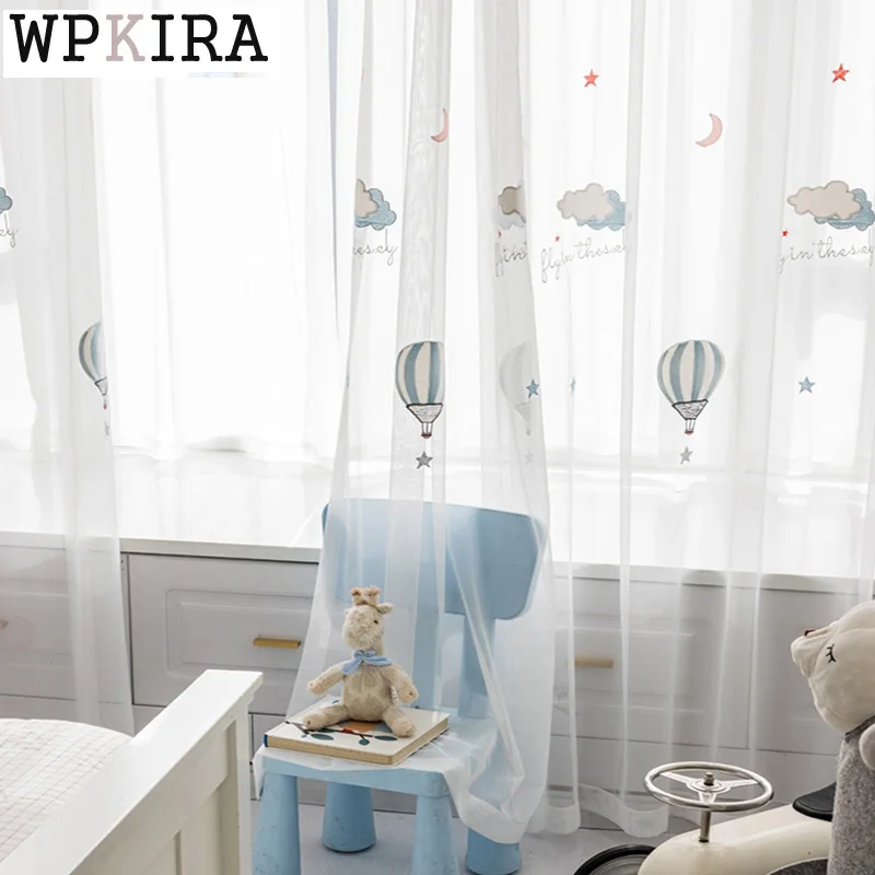 

Cartoon Blue Hot Air Balloon Tulle Curtain for Kids Baby Bedroom White Sheer Drape Living Room Embroidery Voile French Winow