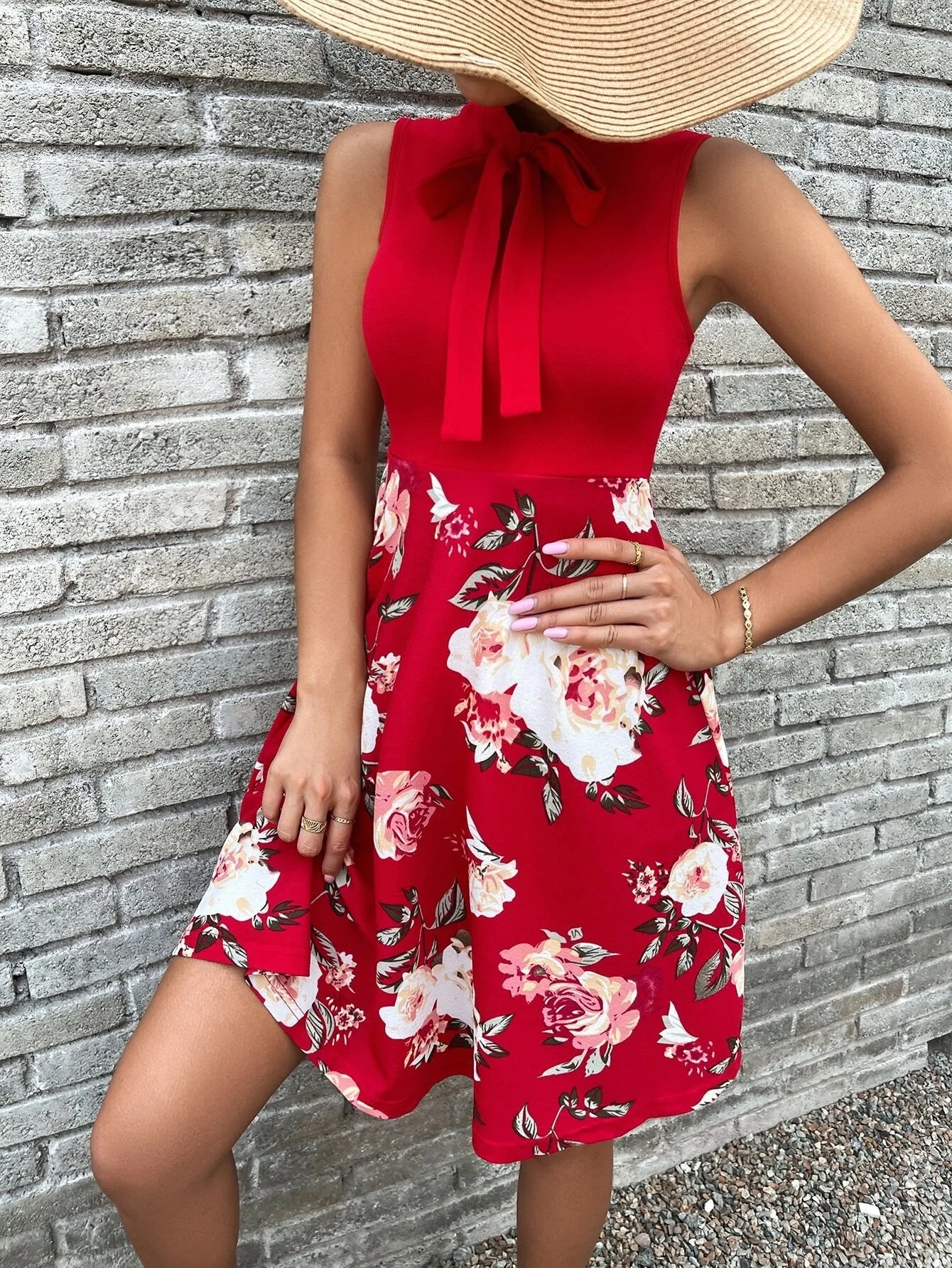 

2023 Women's summer new print skirt bow tie dress women