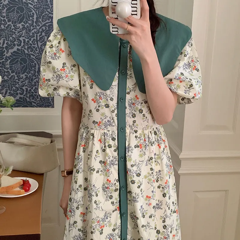 

2022 New Summer Korean Chic Sweet Peter Pan Collar Women Dresses Japanese Cute Single Breasted Hit Color Dress Vintage Vestidos