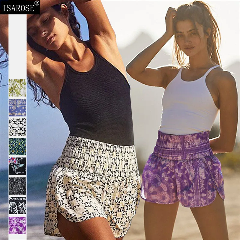 

ISAROSE Women Casual Shorts Summer Printed Wide Belt Loose Bottoms for Home Beach Gym Sports Holiday Vacation Basic Clothing
