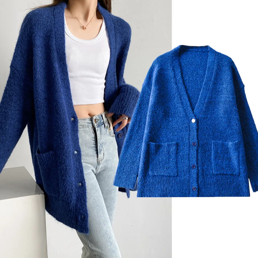 

Withered Fashion Spring Sweaters Women England Style Simple Solid Rhine blue Loose Knitted Cardigans Women Wool Jacket Tops