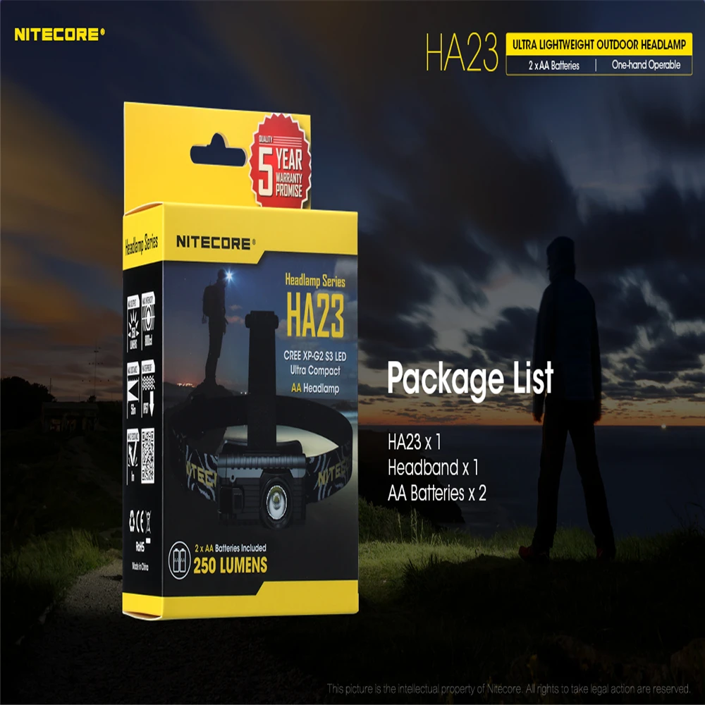 Налобный фонарь NITECORE HA23 CREE XP-G2 S3 светодиодный 250 люмен включает 2 портативных
