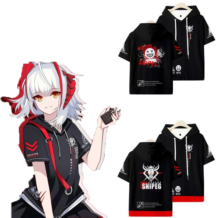 

New Tshirt Anime Arknights W Cosplay Summer Short Sleeve Hooded T-shirt Men Women Graphic Tees Unisex Loose Pullover Tops Stud