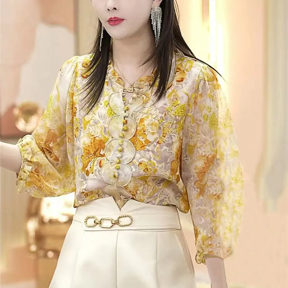 Повседневная летняя желтая блузка с длинным рукавом женские роскошные модные