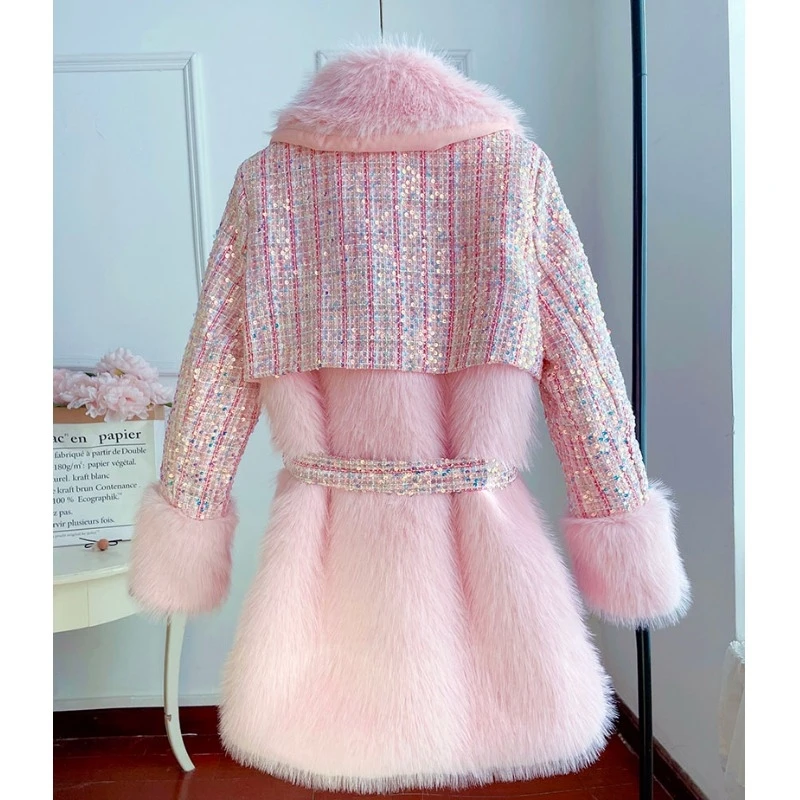 Autumn Winter Jacket Women 2022 Small Fragrance Spliced Sequins Beading Belt Thicken Mid Long Faux Fur Coat Famale Clothing Tops