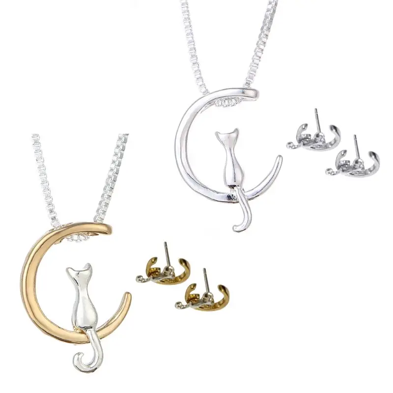 

1 Set Cute Moon Cat Dangle Earrings Necklace Animal Pendant Necklace Fashion Drop Earring Jewelry for Women Girls