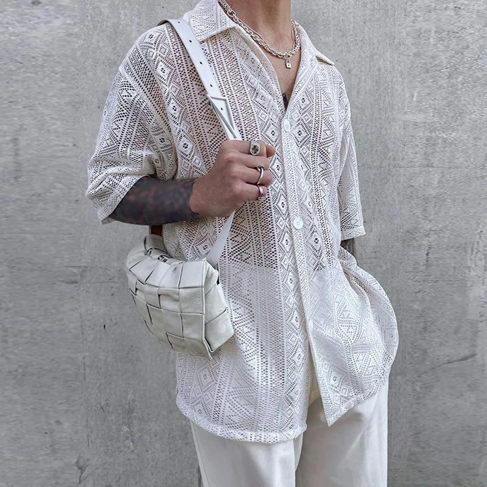 

Mens Lgbt Solid Color Shirt Fashion Sexy Men'S Mid-Sleeve European And American Mesh See-Through Lace Short-Sleeved Shirt