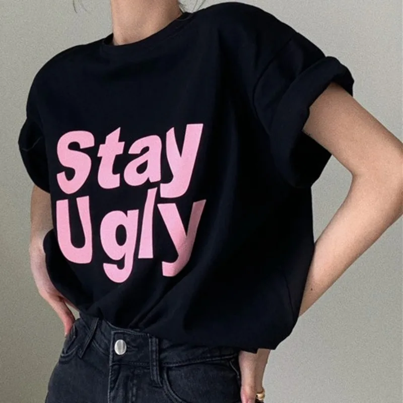 

Женская свободная футболка с коротким рукавом, Повседневная футболка средней и большой длины с круглым вырезом и надписью, весна 2022