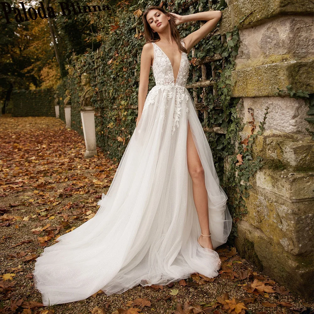 

Paloda Backless A-LINE Wedding Dresses For Bride Modern High Slit Tulle Tank Sleeveless V-Neck Court Train Vestidos De Novia
