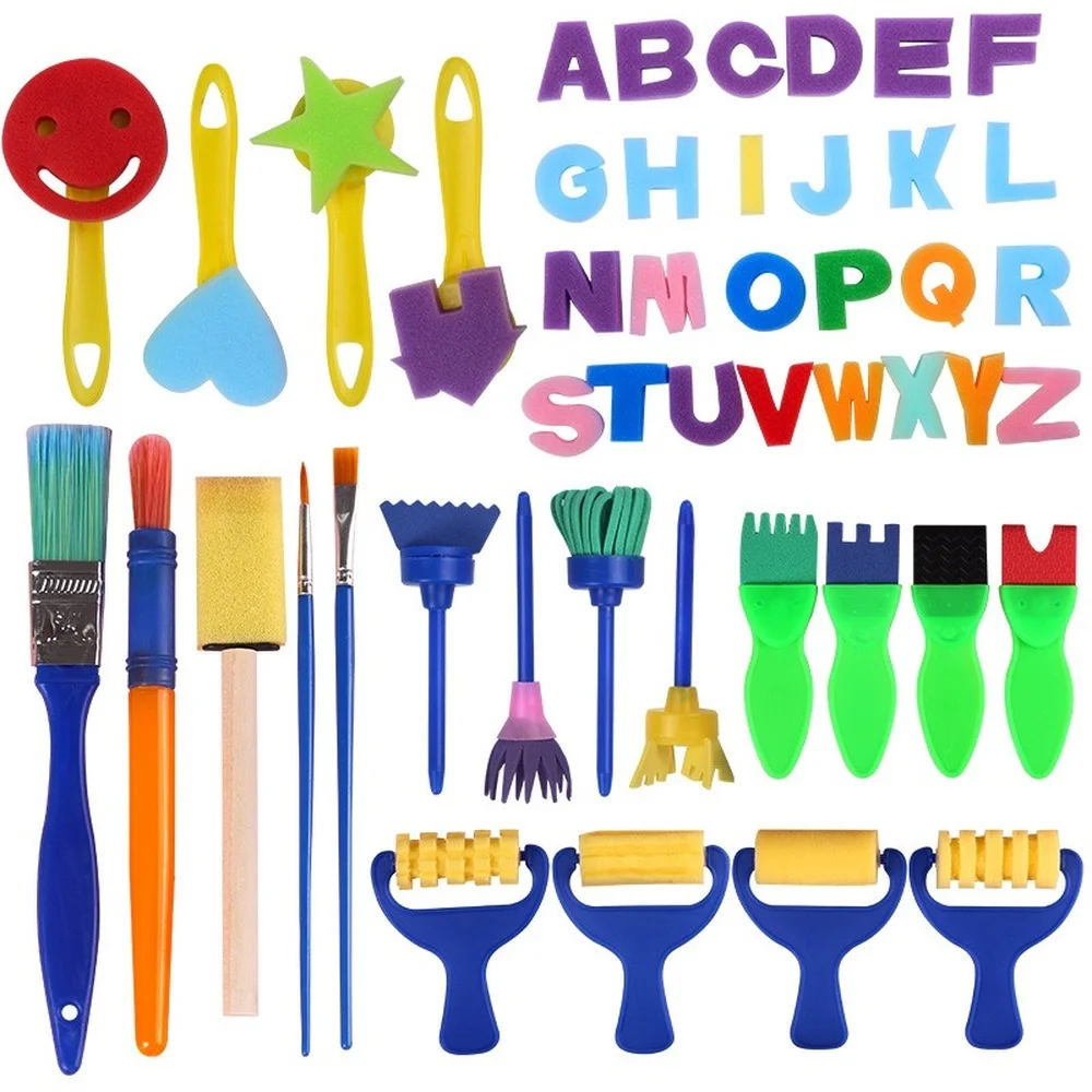 

47Pcs Kids Drawing Toys Kits DIY Sponge Painting Brush Sponge Stamp Stencil Seals Educational Toys for Children Art and Craft