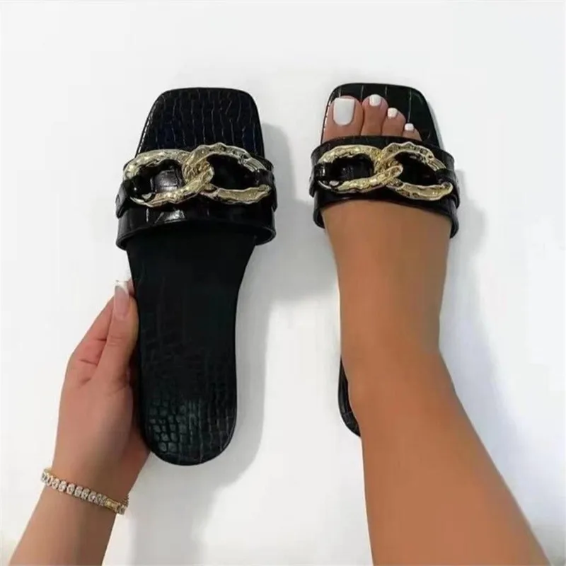 2022 Women Slippers Metal Chain Flat Shoes Summer Women Sandals Open Toe Outdoor Slides Beach Flip Flops Pantoufles Pour Femmes