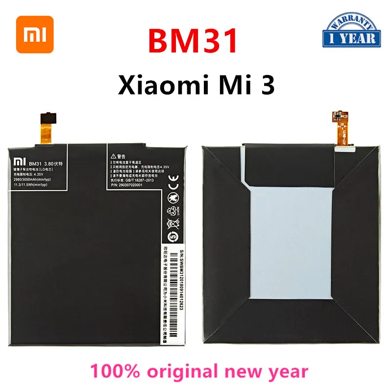

Xiao mi 100% Orginal BM31 3050mAh Battery For Xiaomi Mi 3 Mi3 M3 BM31 High Quality Phone Replacement Batteries