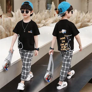 Summer Sport Suits Teenage Boys Clothing Sets Short Sleeve T Shirt & plaid Pant Casual 3 5 7 9 10 12 13 Years Child Boy Clothes