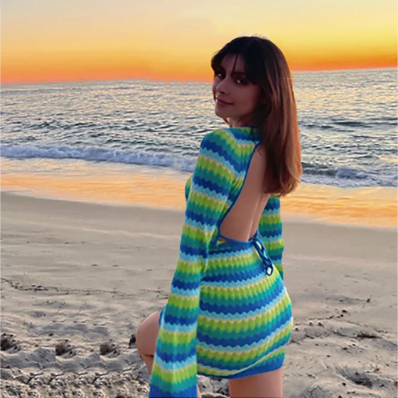 

Knitted Backless Mini Dresses Y2K Fashion Stripe Summer Beach Dress for Women Sexy Hollow Club Party Dress Casual Outfits 2022