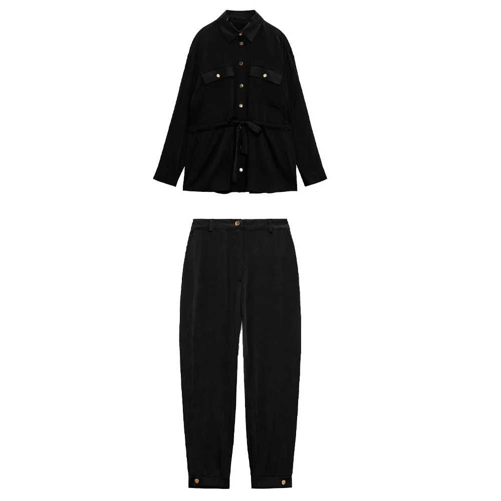 

Zach AiIsa New Women's Black Wrinkled Texture Loose Pocket Tie Waist Shirt Jacket + Temperament Silk Satin Texture Jogging Pants