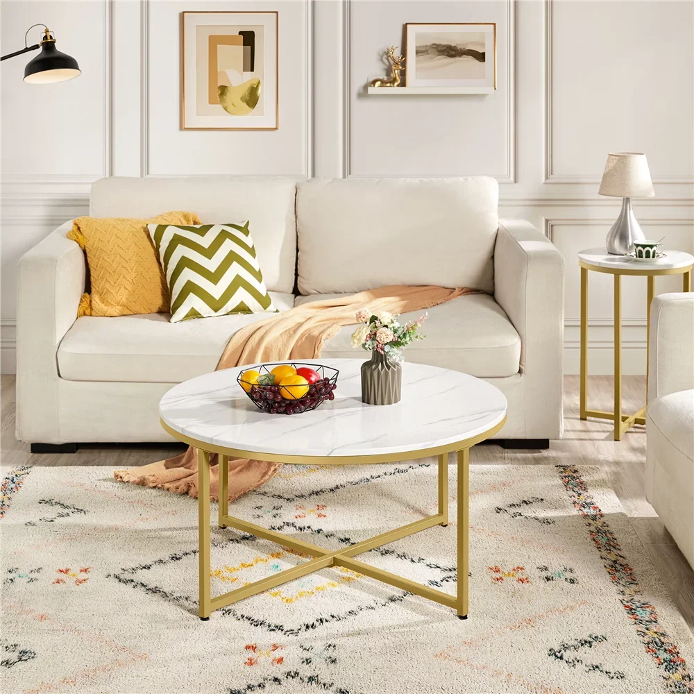

Modern Round Faux Marble Coffee Table, Gold