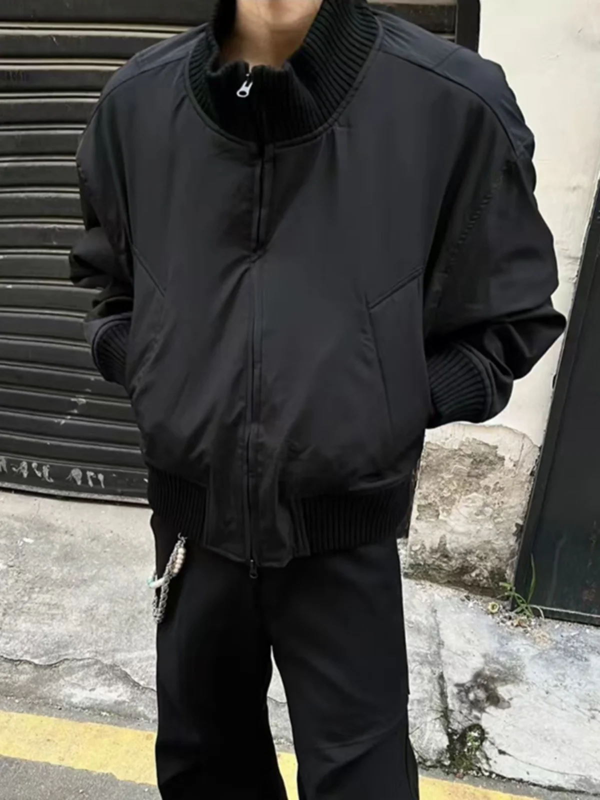 Cleanfit Black Short Profile Cotton-padded jacket Outerwear Men's Autumn and Winter High Sense Bomber jacket Stand Collar Bas...