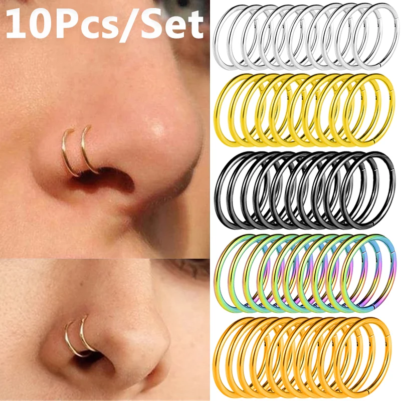 

10Pcs Titanium Nose Rings Septum Piercing Clicker Nose Hoops Piercings Hinged Segment Rings Helix Piercing Unisex Body Jewelry