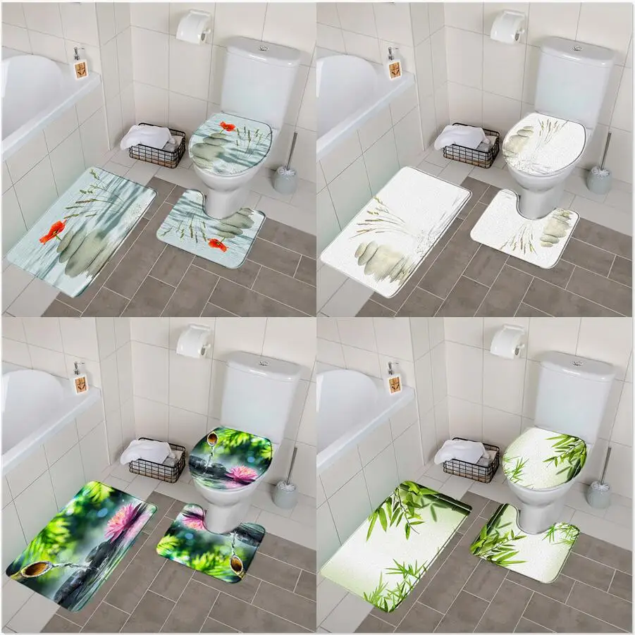 

Zen Stone Bamboo 3pcs Bathroom Mats Set Flower Lotus Water Spa Anti Slip Flannel Soft Doormat Floor Rugs Toilet Lid Cover Carpet