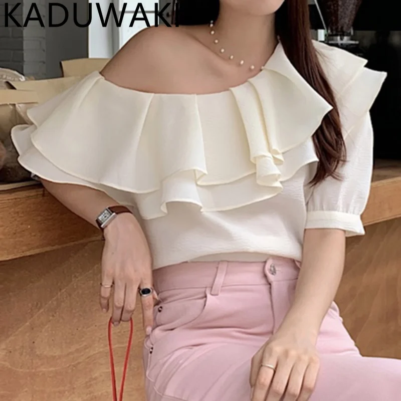 

Y2K Patchwork Ruffles Shirts Blouses Sexy Bare Shoulder Sleeveless Summer Solid Shirt Lotus Neckline Elegant Pleated Blouse Tops