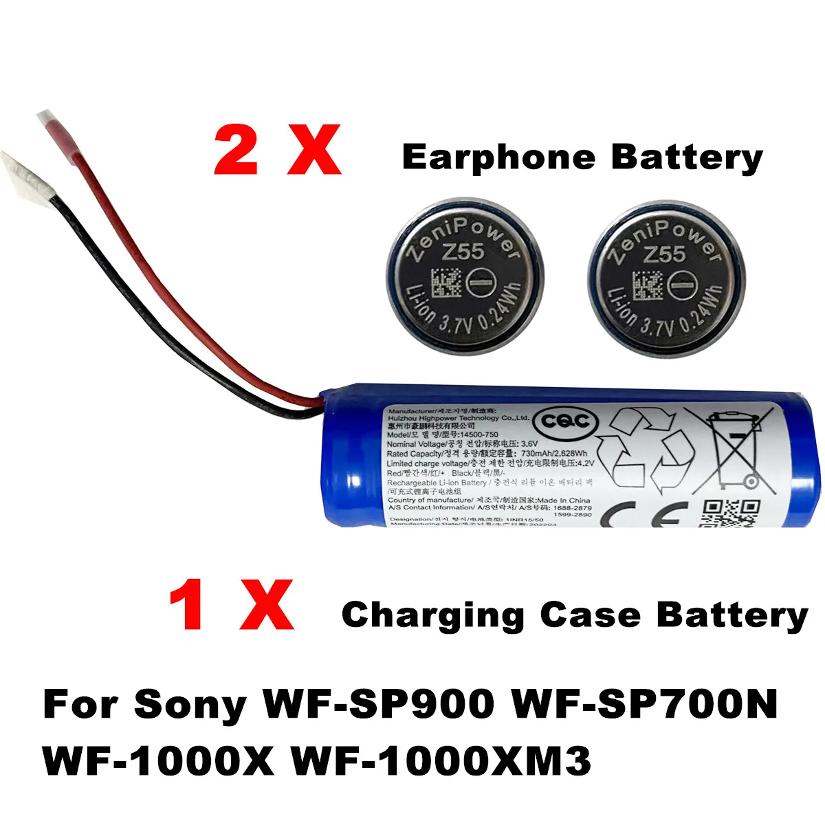 Фото 3 шт./лот, аккумулятор ZeniPower Z55 для наушников Sony WF-SP900 WF-SP700N WF-1000X WF-1000XM3 TWS, CP1254 14500-750 №1
