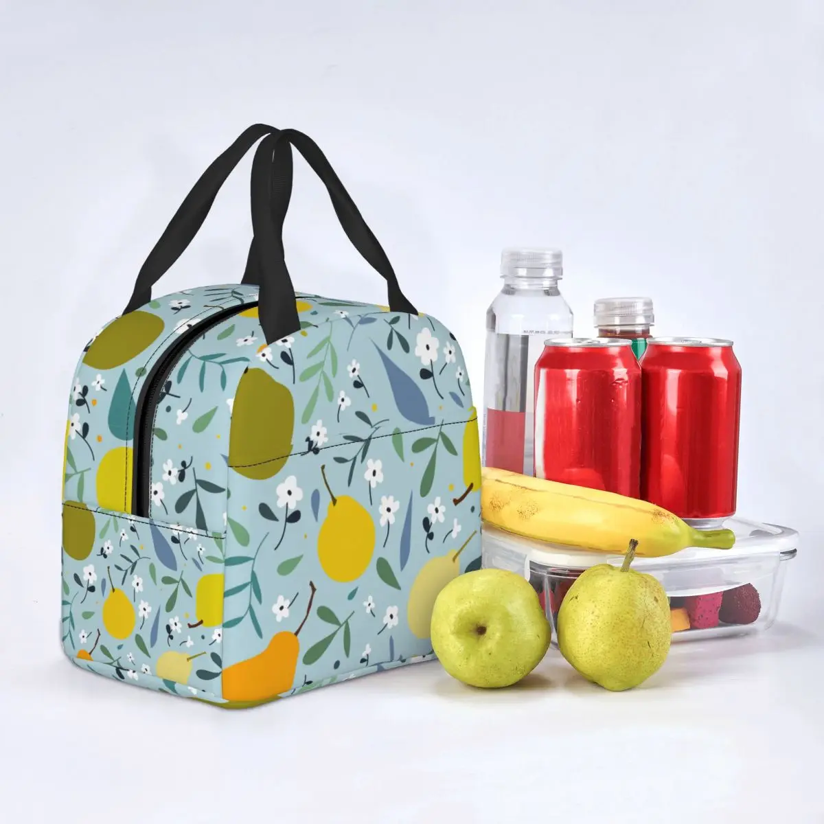 

Pear Fruit Floral Flower Lunch Bags Portable Insulated Canvas Cooler Thermal School Lunch Box for Women Girl
