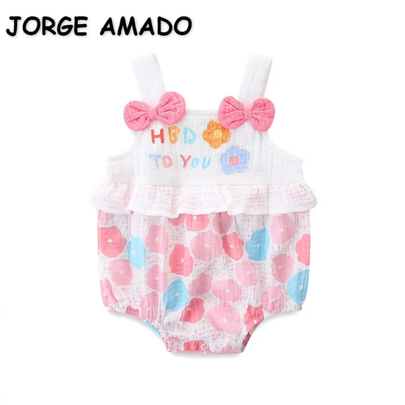 

Summer Baby Girl Clothes Bodysuit Sling Sleeveless Pink White Patchwork Letter Bow Square Collar Jumpsuit Infants Clothing E2726