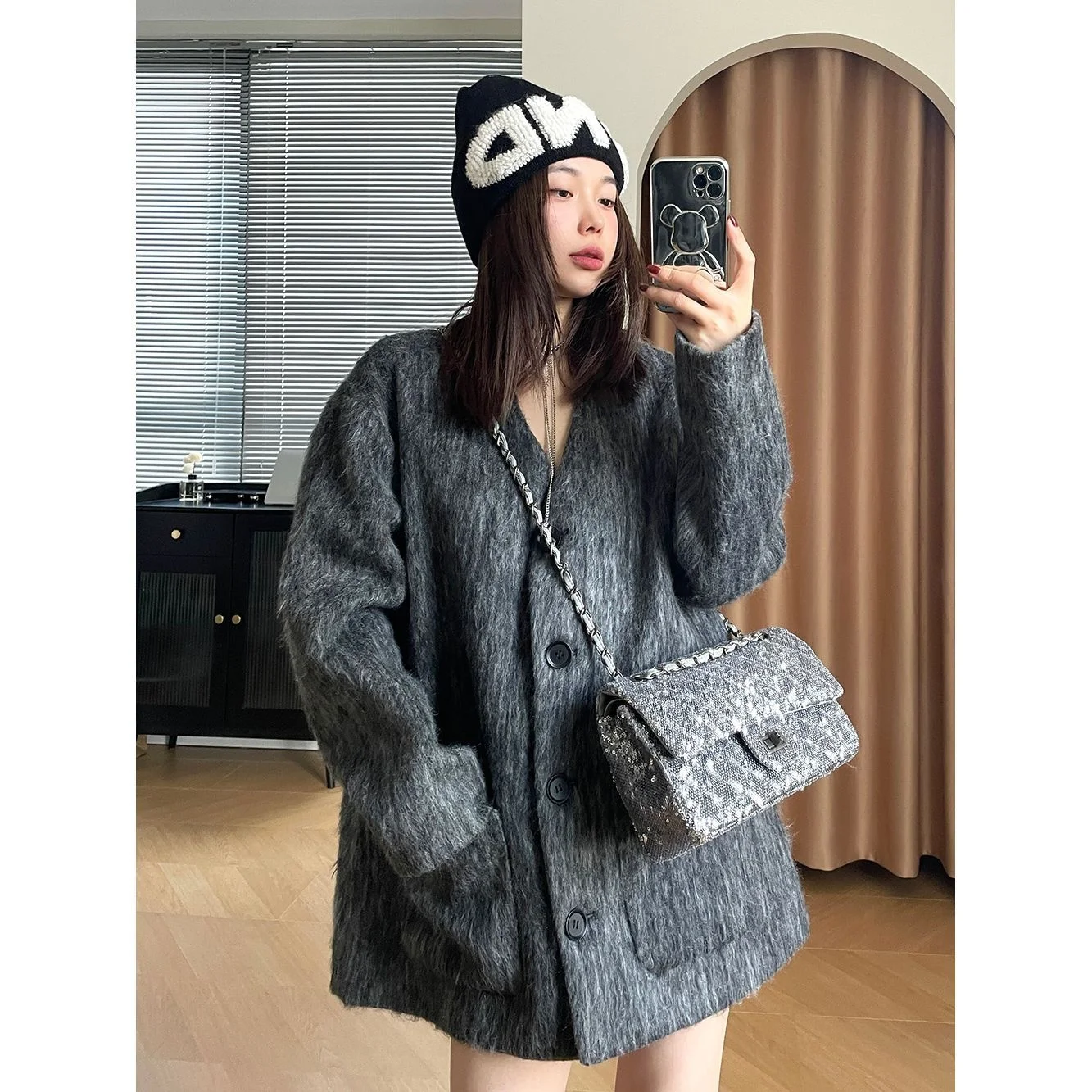 

Women's V-neck Slim Dual Pocket Wool Coat 2022 Winter Gray Green Korean Loose Casual Cardigan
