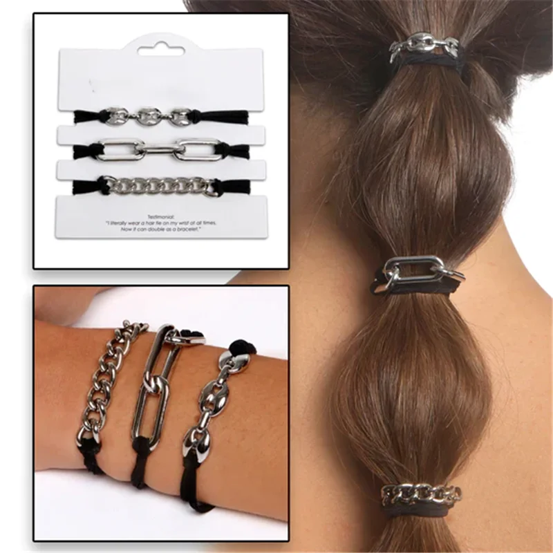 

1 Pack Boho Bracelet Hair Ties - White with Black Elastic -Women's Hair Accessory Holder Set of 3 Gold Chain Bracelet Hair Ties