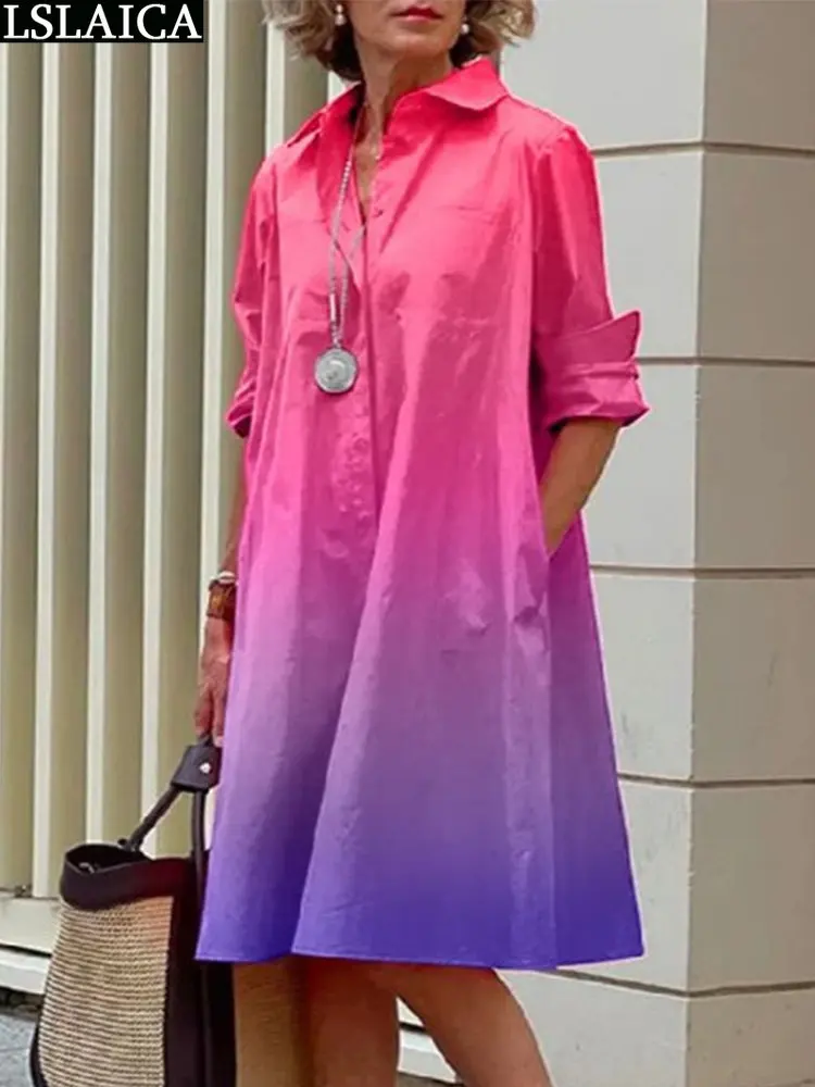 

Gradient Print Women's Midi Spring Summer Dresses Promotion Streetwear Long Sleeve Clothes 2023 Shirt Dress Pockets Elegant New