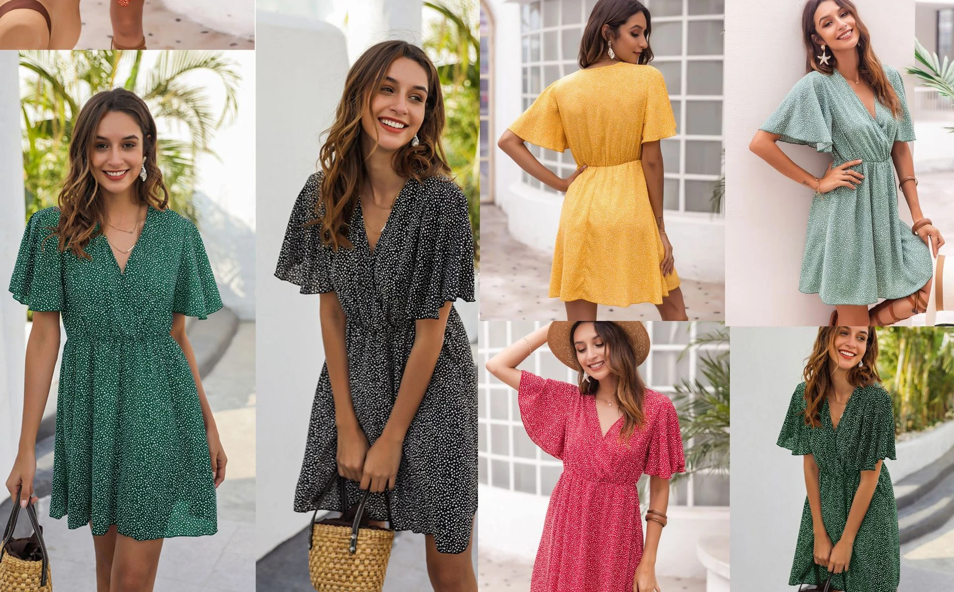 

2022 new dark green polka dot short-sleeved ladies dress short holiday style breathable