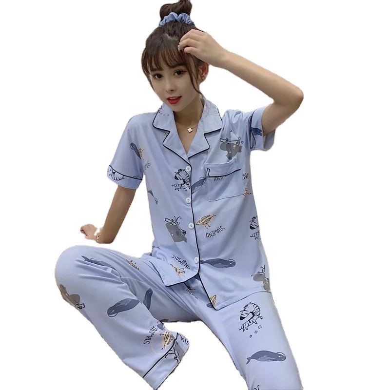 

Женская одежда для сна, синие осенние брюки с коротким рукавом, 2 шт., пижамы, Корейская версия, милая мягкая домашняя пижама с мультяшным при...