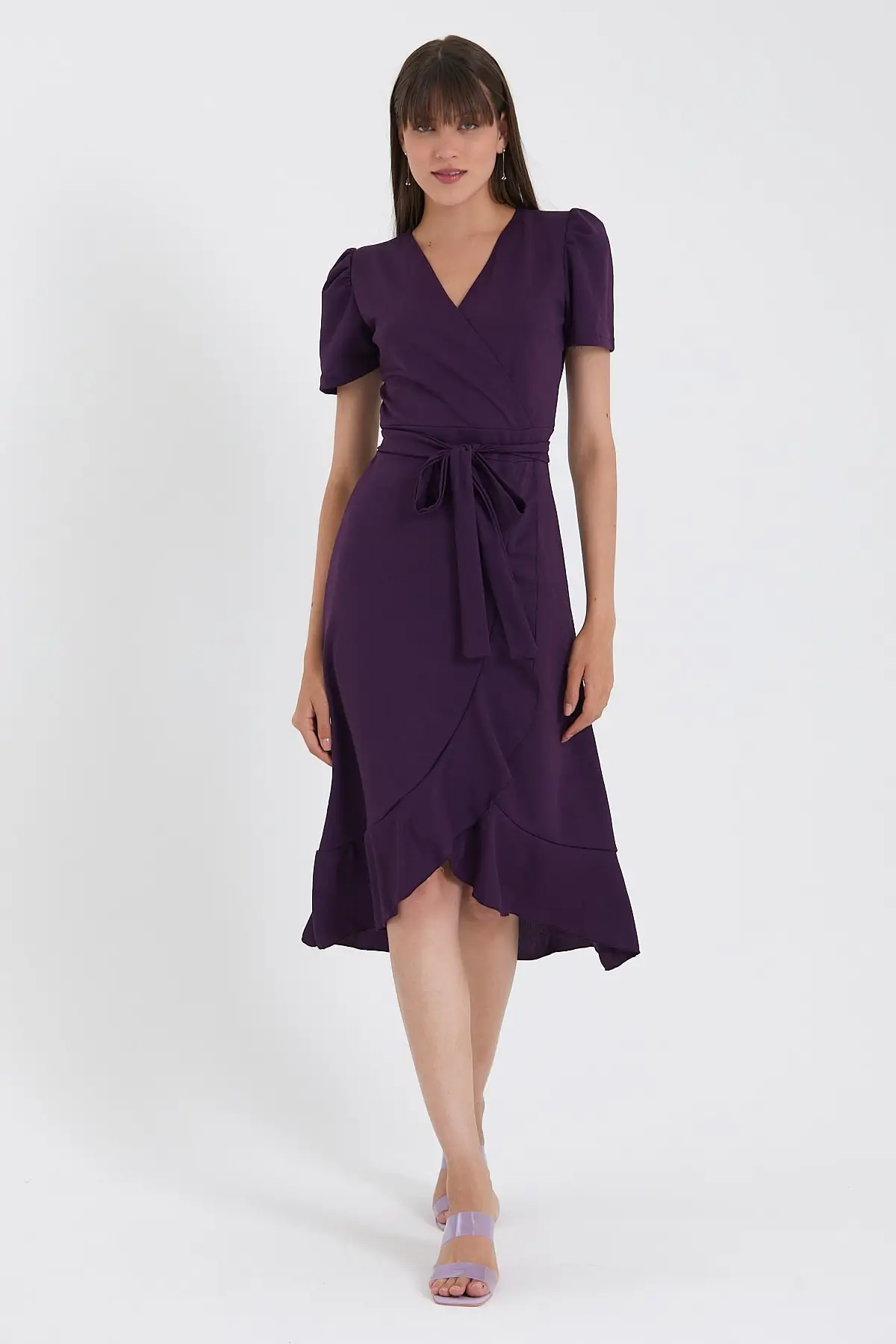 

Kcrepe Fabric, Midi Boy, Skirt Flill Dress Double-Breasted Polyester Pencil Collar Purple Short Thin Unlining Stylish/night