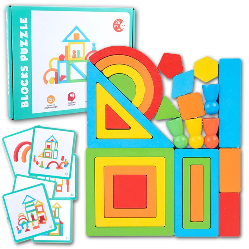 

Montessori Toys Baby Rainbow Building Blocks for Color Shape Cognition Geometric 3D Wooden Puzzle Children Educational Toys