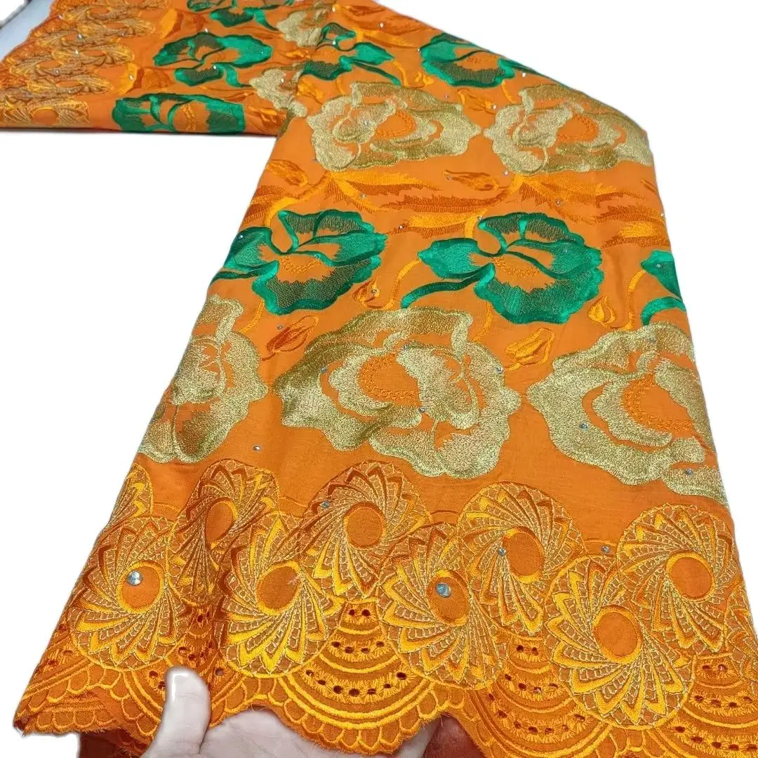 

Новинка 2022, нигерийская хлопковая кружевная ткань с камнями, Высококачественная швейцарская вуаль оранжевого цвета для свадебного платья, 5 ярдов