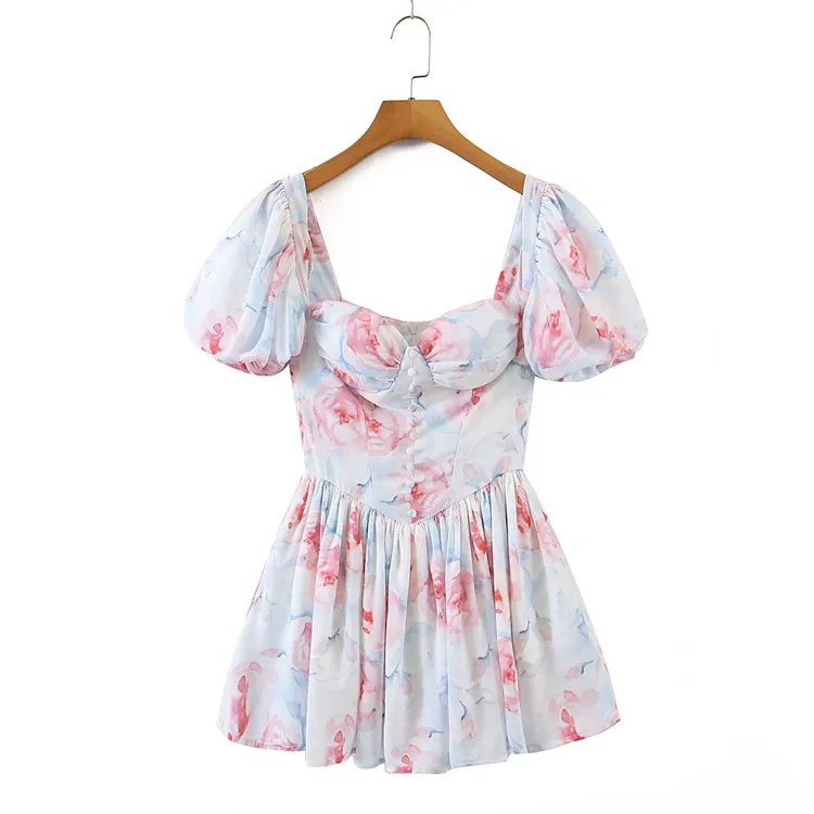 

French Style Off Shoulder Sweet Dress Summer Floral Print Dress Puff Sleeve Mini Casual Dress Women