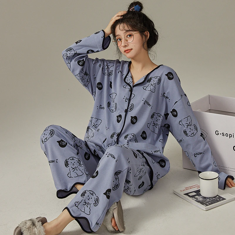 CAIYIER Flower Girls Nightwear Korean Sweet Soft Women Pajamas Set Winter V Neck Cardigan Cute Nightwear Suit Warm Loungewear