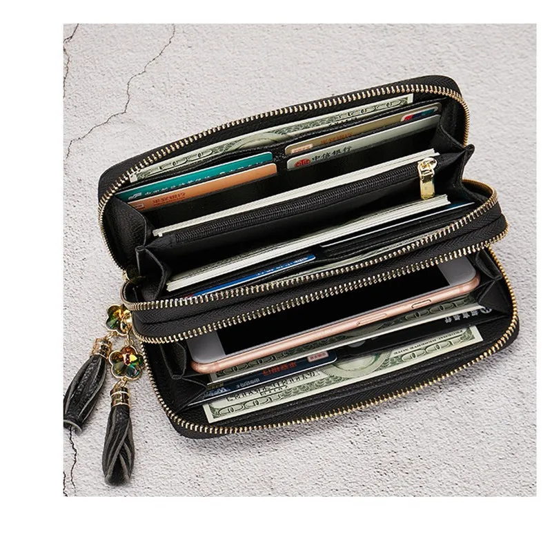 2023 New Genuine Leather Wallet Women Double Zipper Ladies Leather Purse Large Floral Pattern Female Clutch Bag