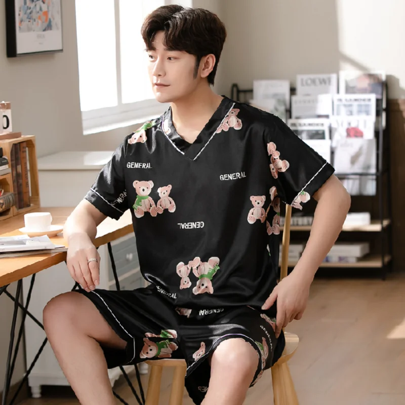 

Silk Pajama Sets for Men 2023 Summer Short Sleeve V-neck Satin Korean Casual Sleepwear Suit Male Loose Cartoon 2pcs Home Clothes
