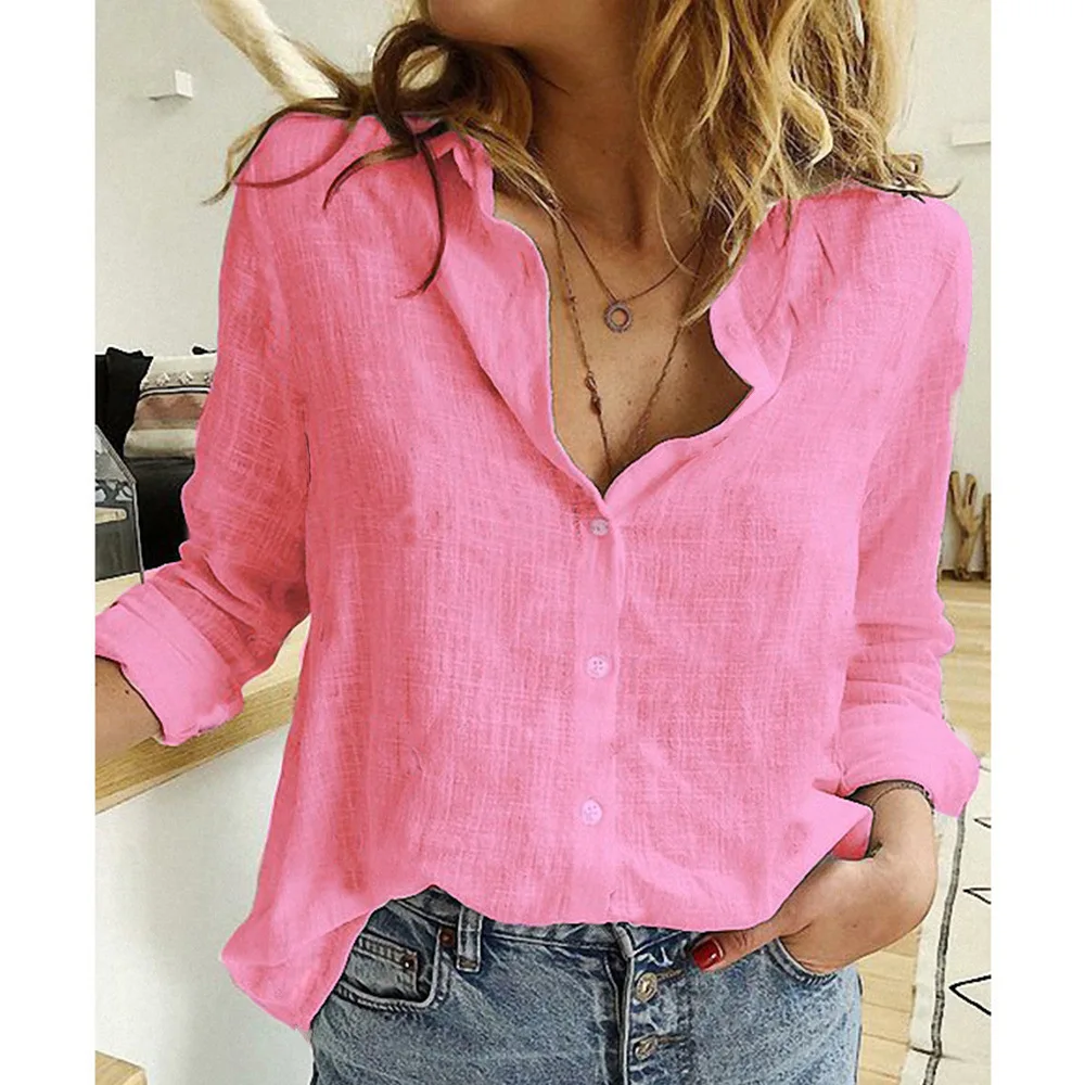 2023 Autumn Fashion Lapel Women Shirts Cotton and Linen Casual Elegant Blouse Office Long Sleeve Loose Buttons Tops Long Blouse