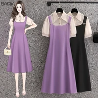 ehqaxin new summer ladies dress 2022 fashion korean casual bow brooch contrast color stitching a line dresses for female m 4xl