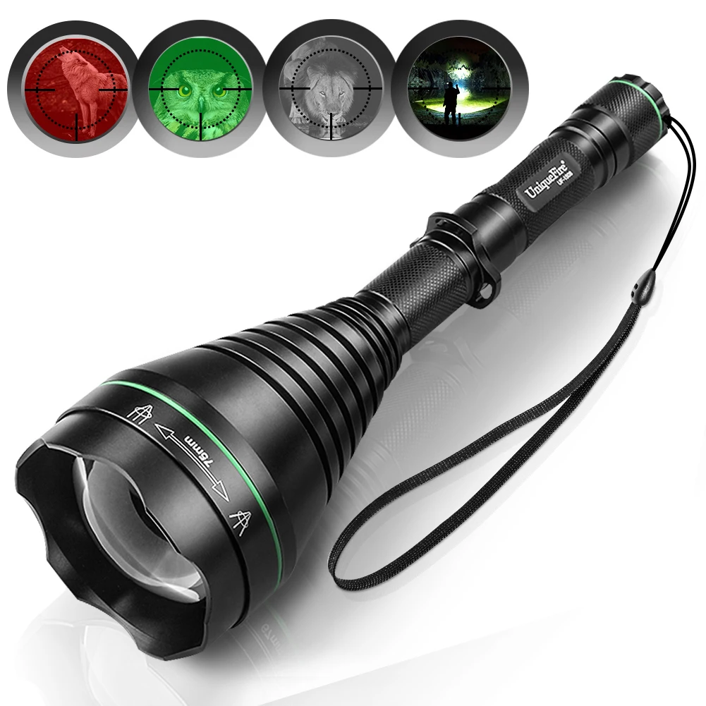 

UniqueFire 1508 XRE LED Hunting Zoom Flashlight 75mm Convex Lens Torch 3 Modes Green /Red /White Light Lanterna For