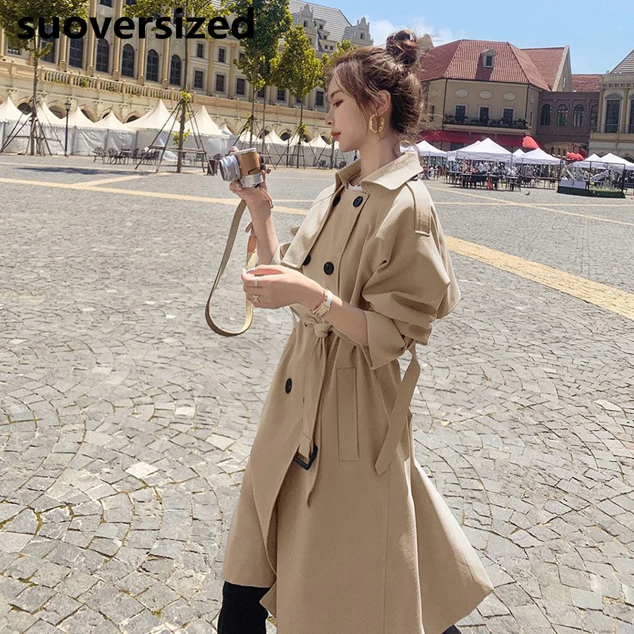 

Korean Khaki Mid-lenght Loose Trench Coat Woman Casual Double Breast Baggy Abrigos Jacket Spring Fall Elegant Office Windbreaker