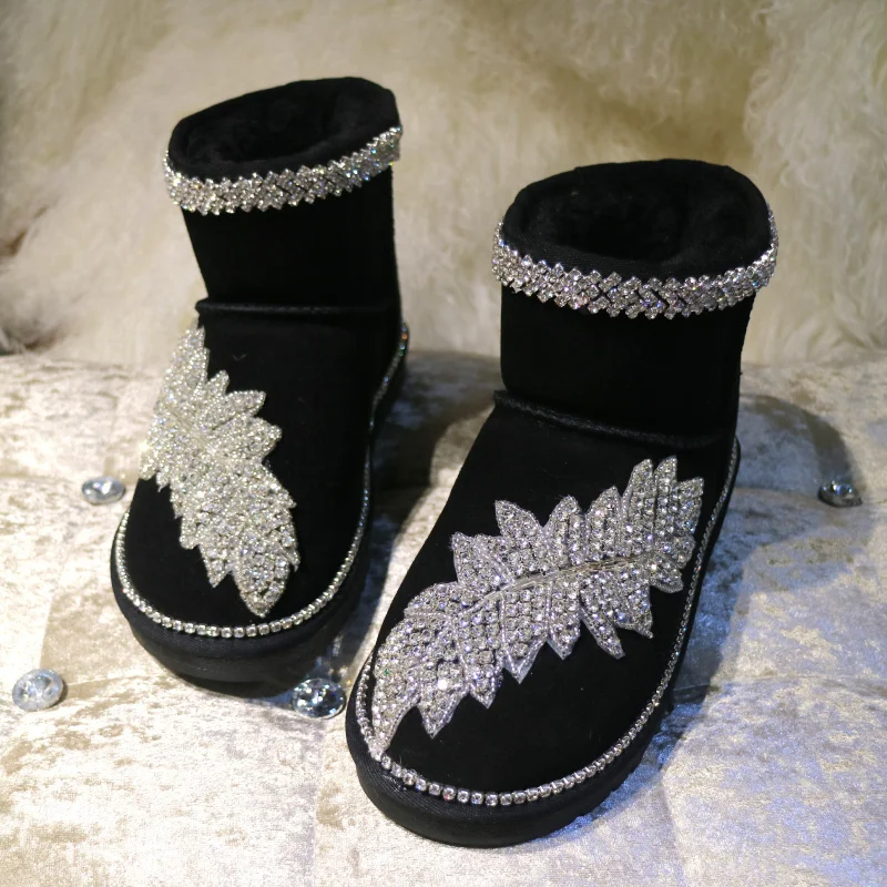 Black short tube fur boots DIY rivet colored diamond flat striped cotton boots plus velvet thick warm snow boots 35-44