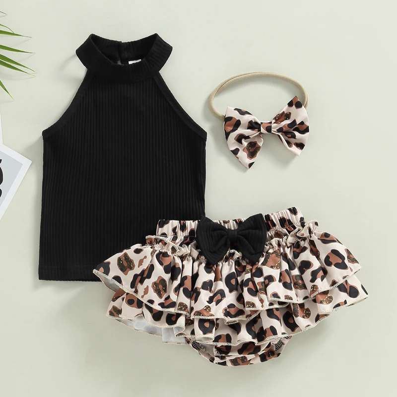 

3pcs Newborn Baby Girls Summer Clothes Sets Solid Sleeveless Ribbed Knitted Tanks Tops+Leopard Print Bowknot Tutu Short+Headband