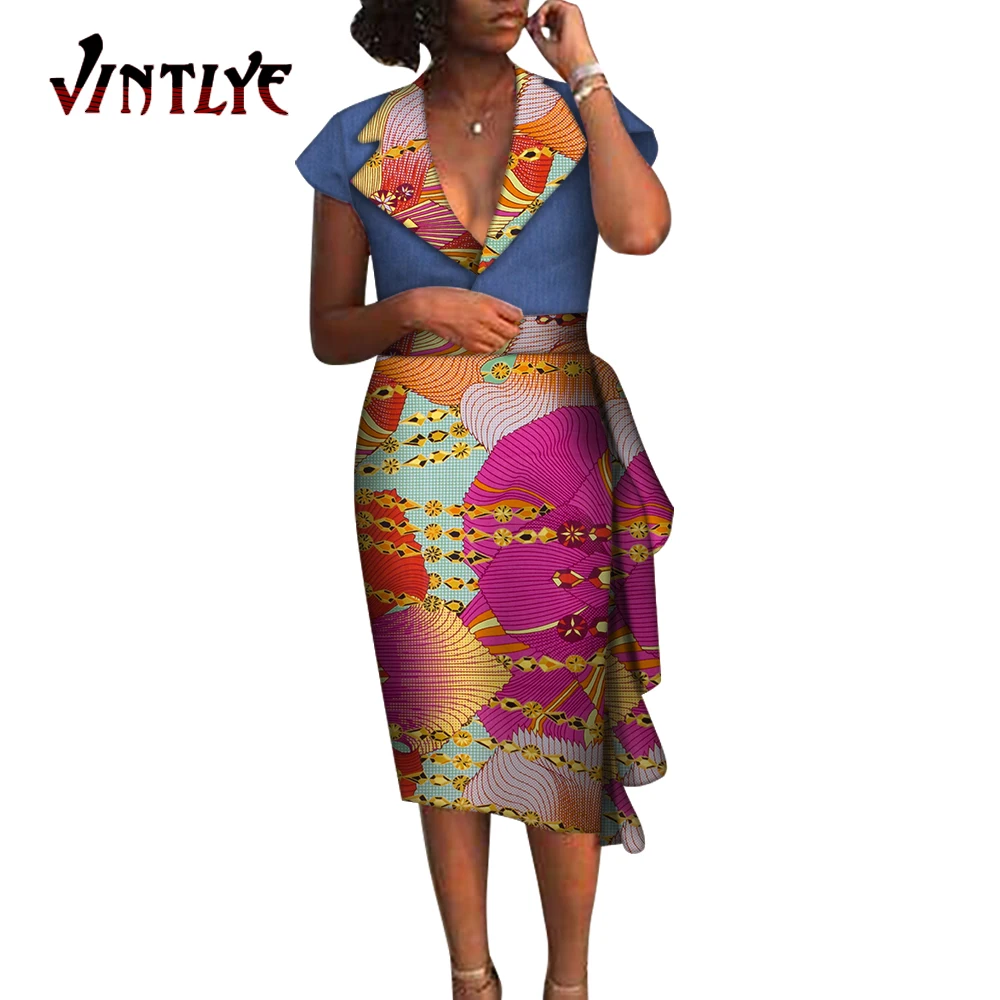 

Fashion Patchwork Women Dresses Ankara Print African Clothes for Women Turn Down Collar African Ruffles Dresses Plus Size Wy6673